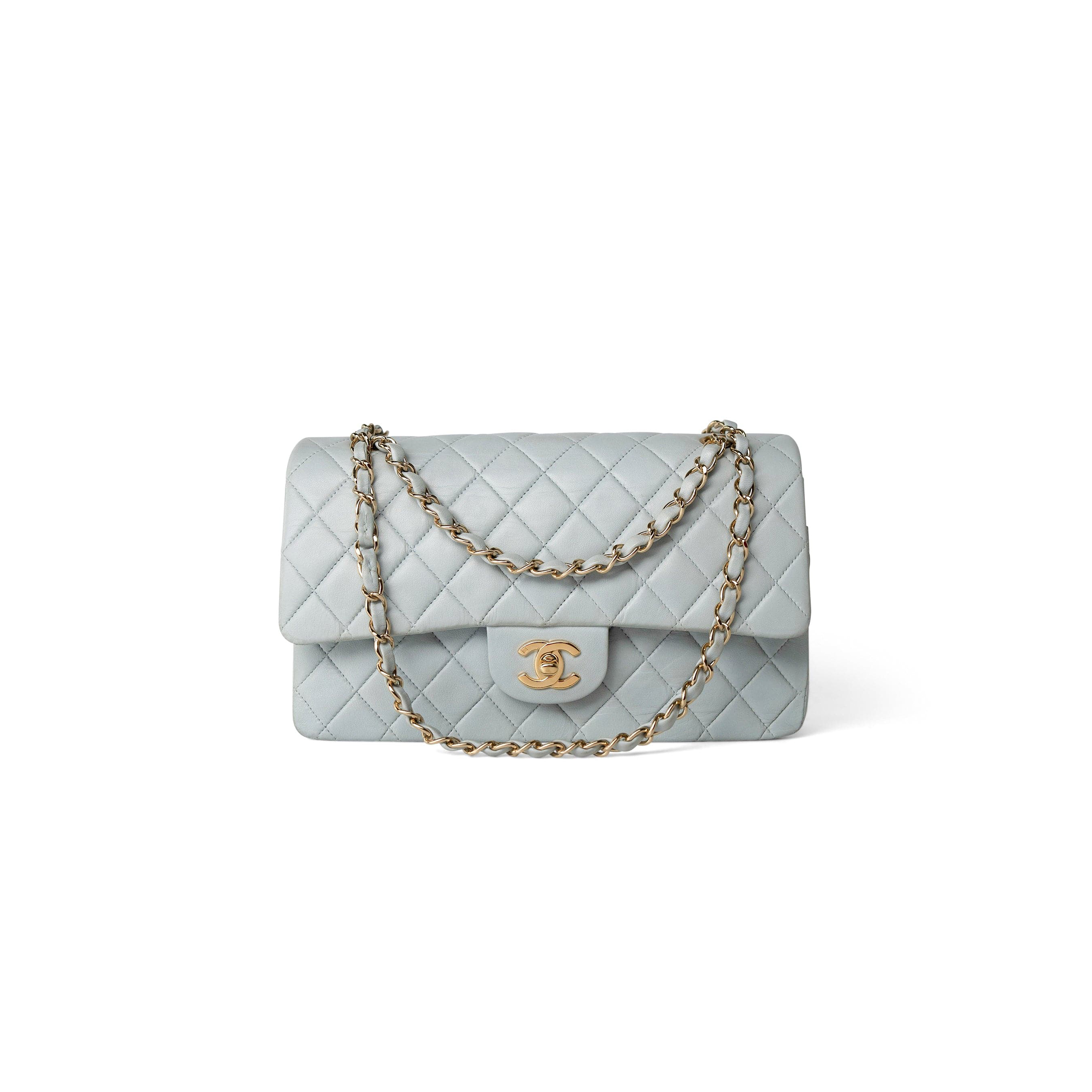 Ch*el vintage light blue lambskin quilted classic flap medium gold hardware (25.5*15*7cm)